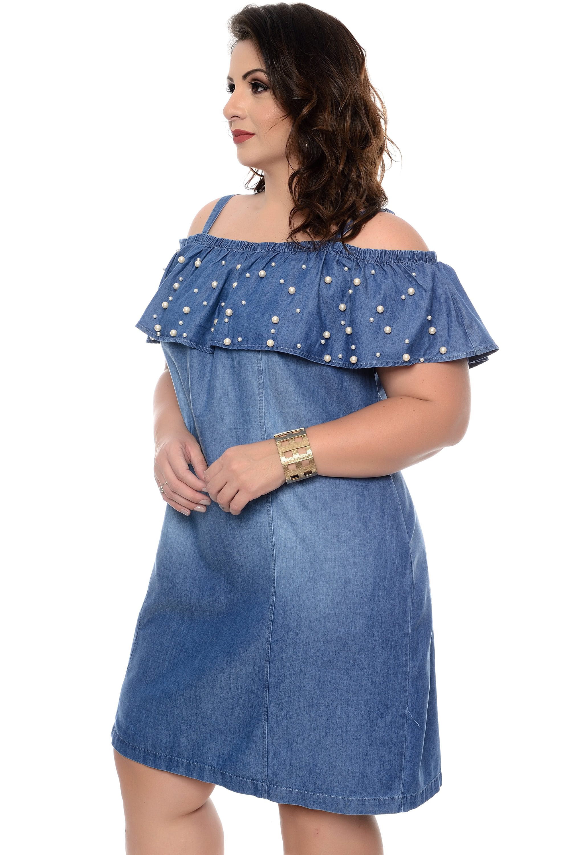 vestido jeans plus size ciganinha