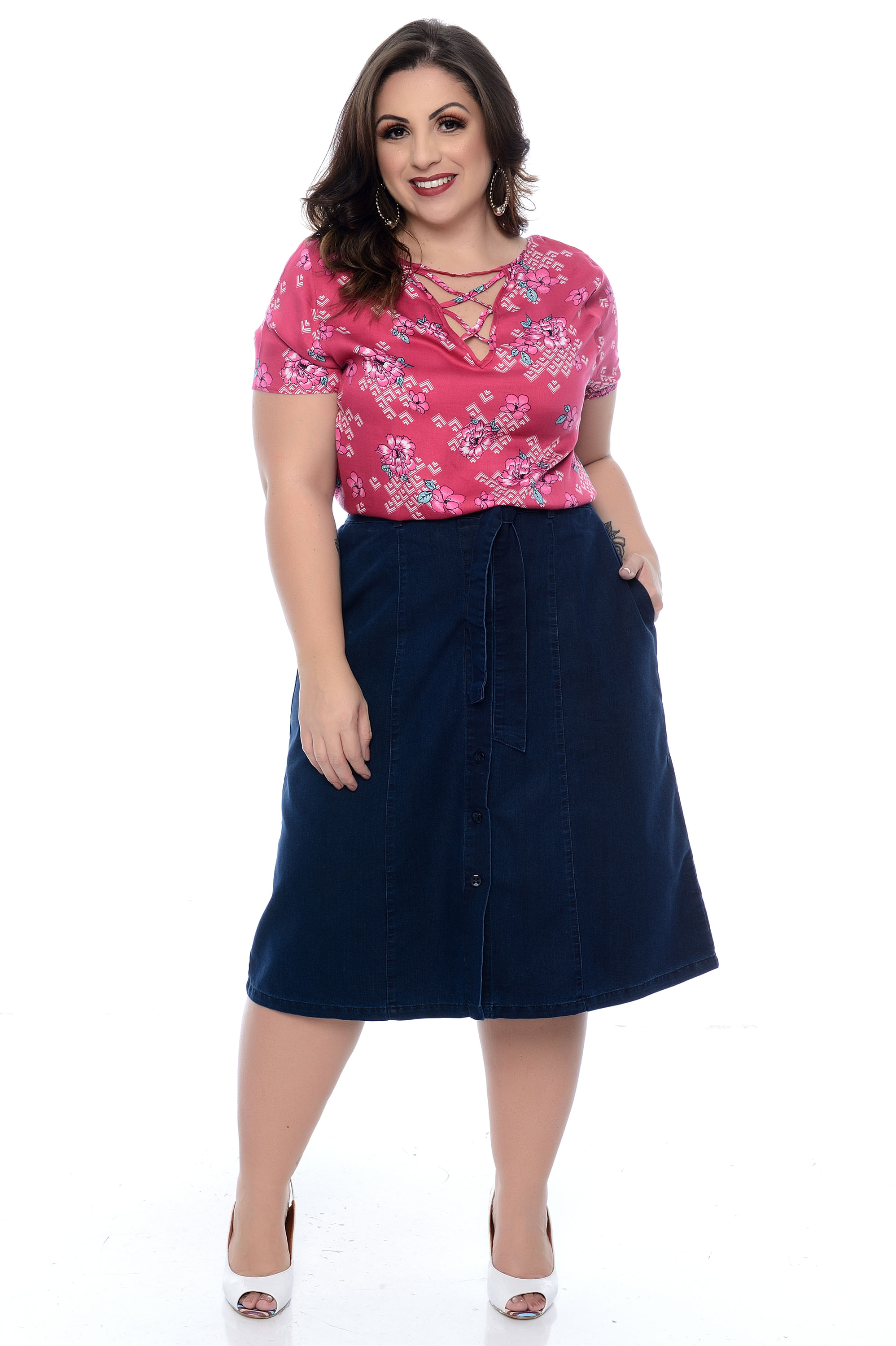 saia midi jeans plus size