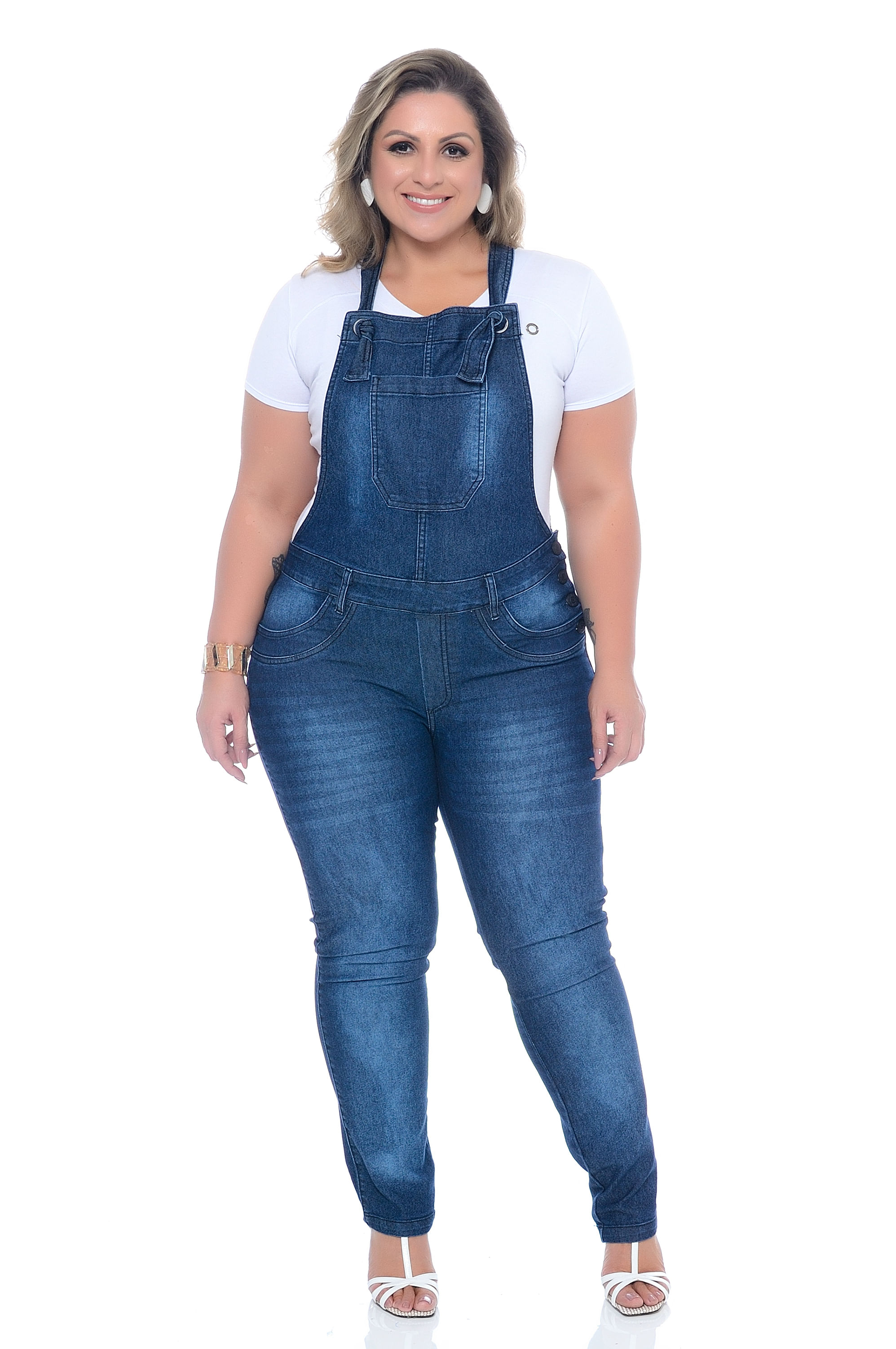 jardineira jeans sawary plus size feminina