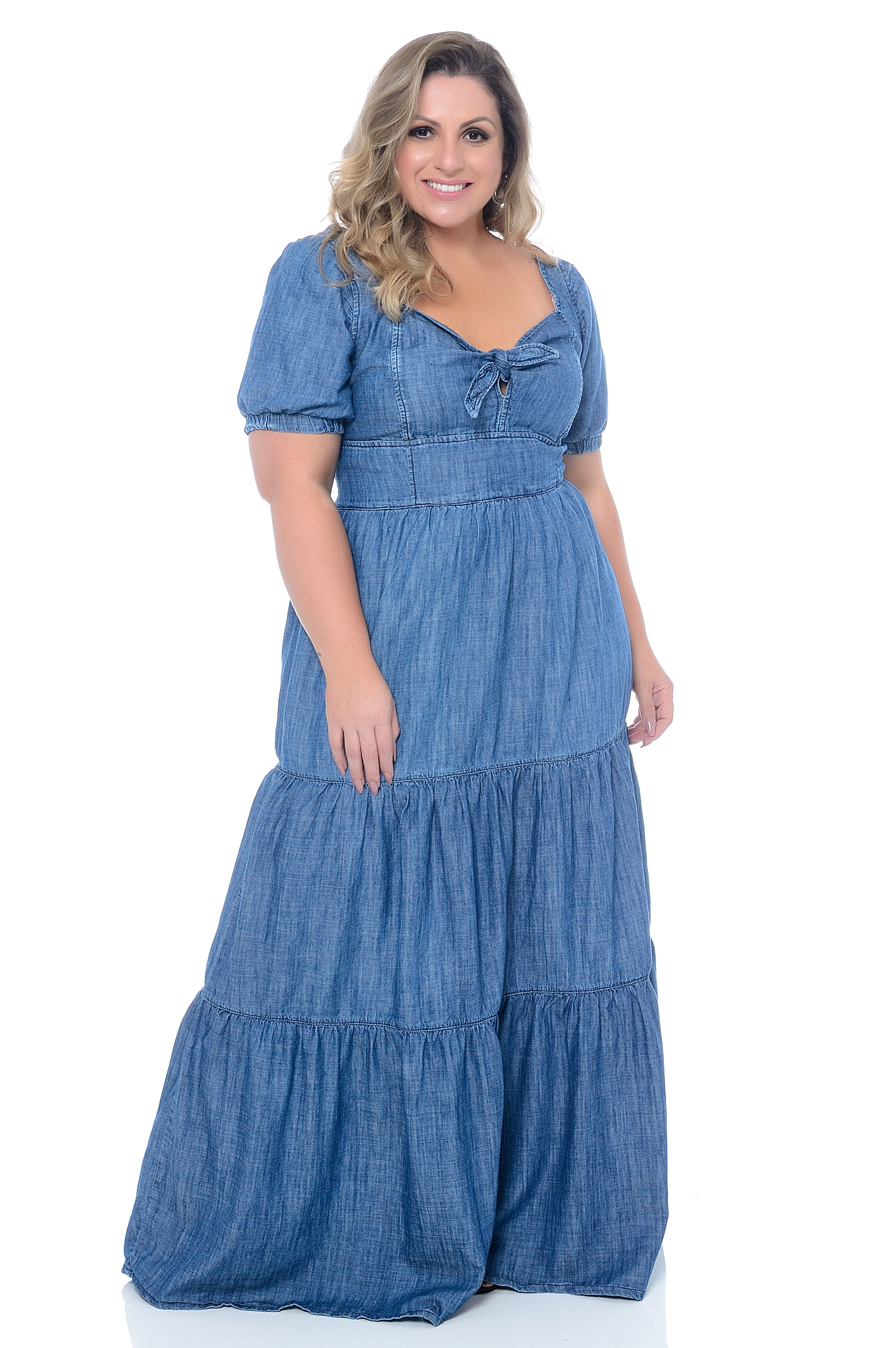 vestido jeans longo de manga