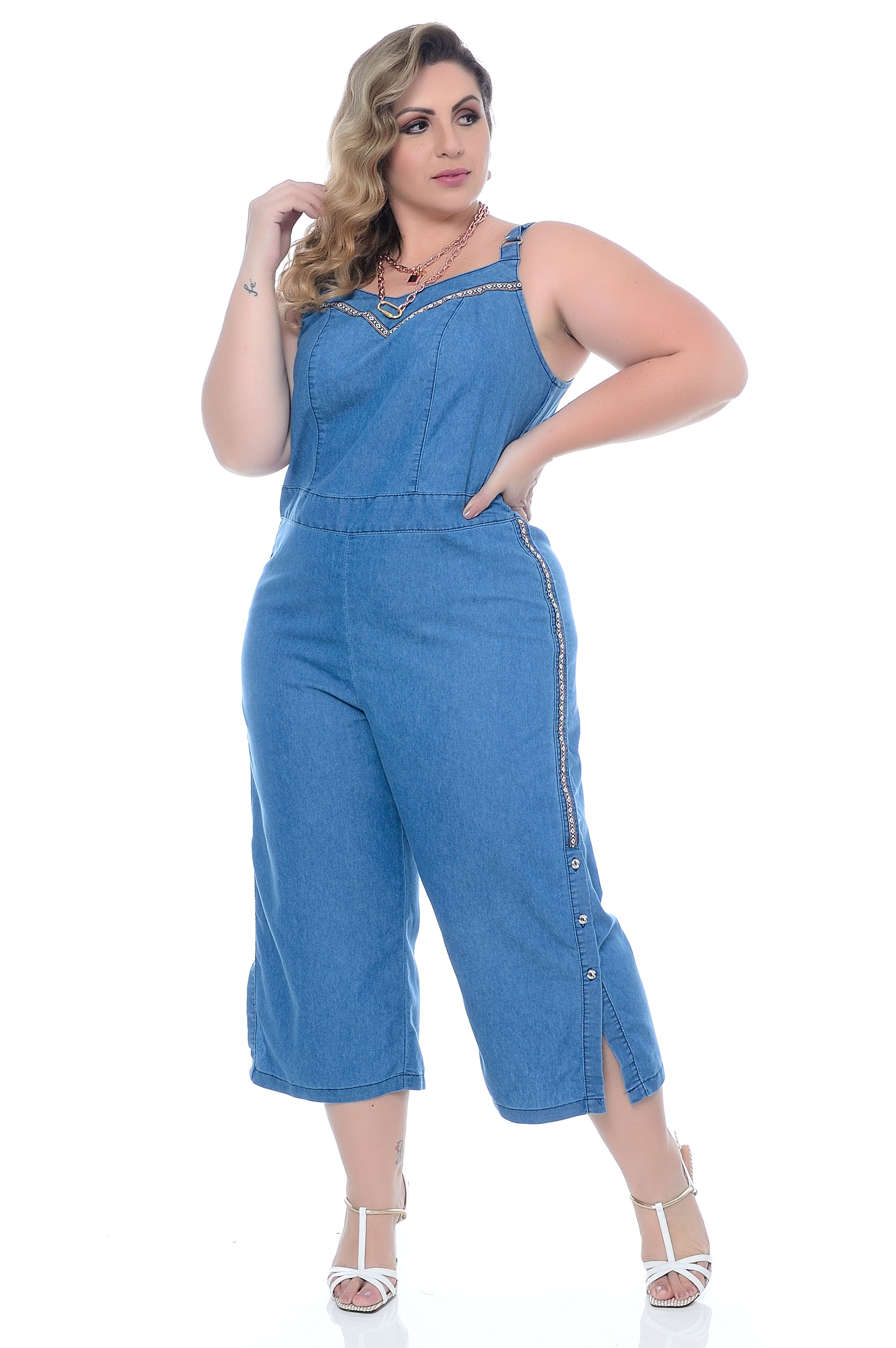 macacao pantacourt jeans plus size