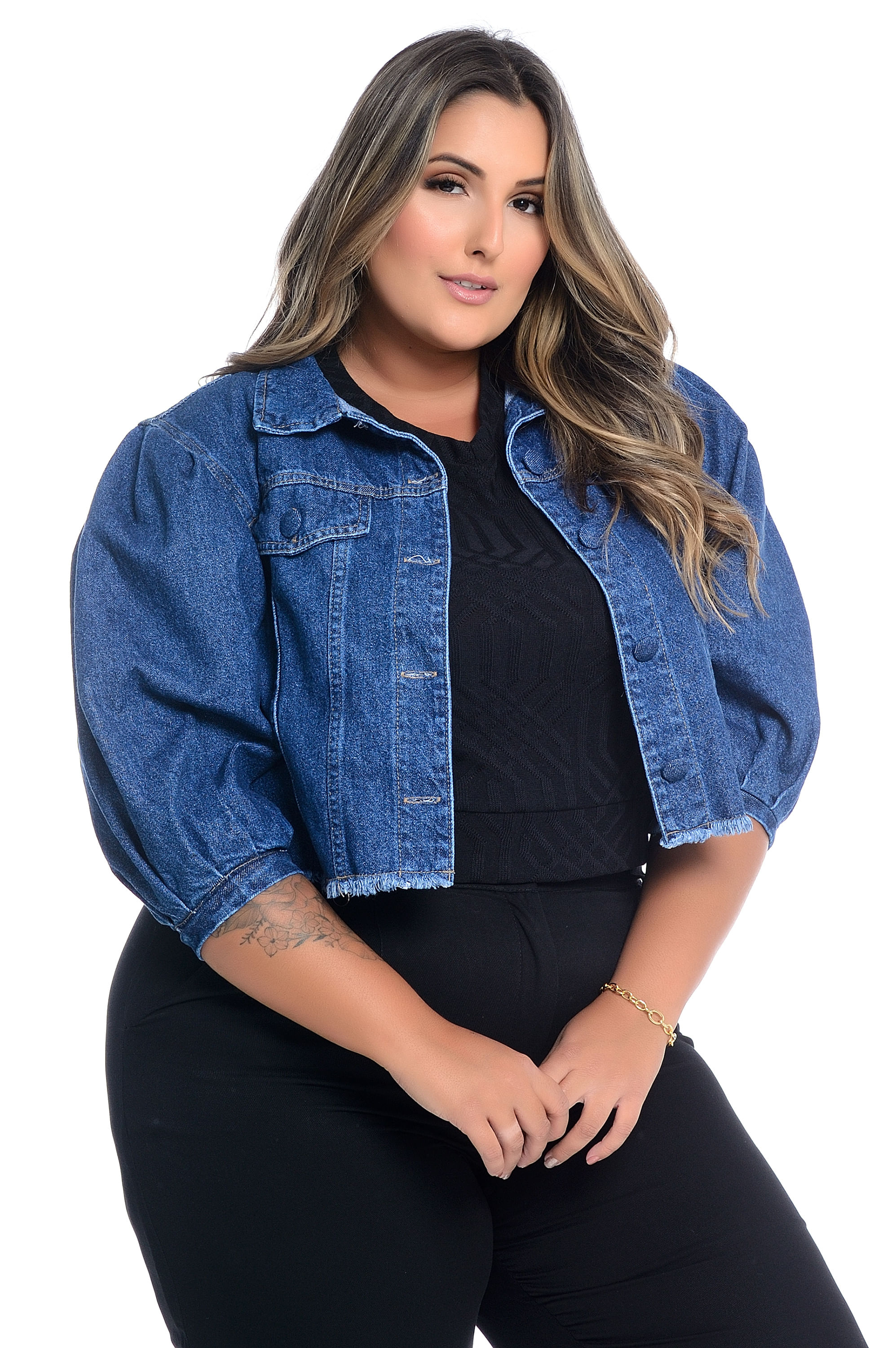 Jaqueta jeans manga bufante plus size Clearance