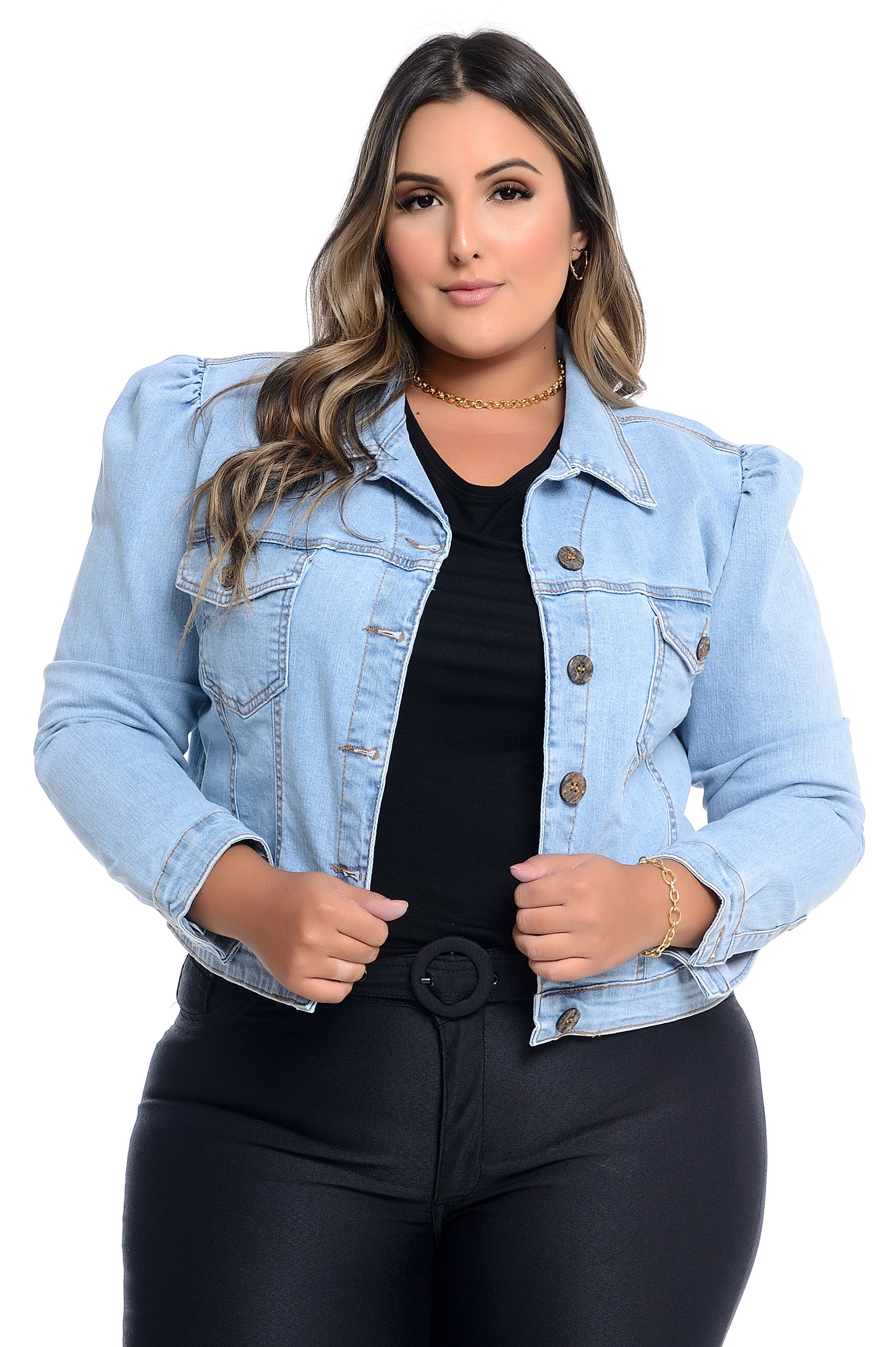 Jaqueta jeans manga bufante plus size Clearance