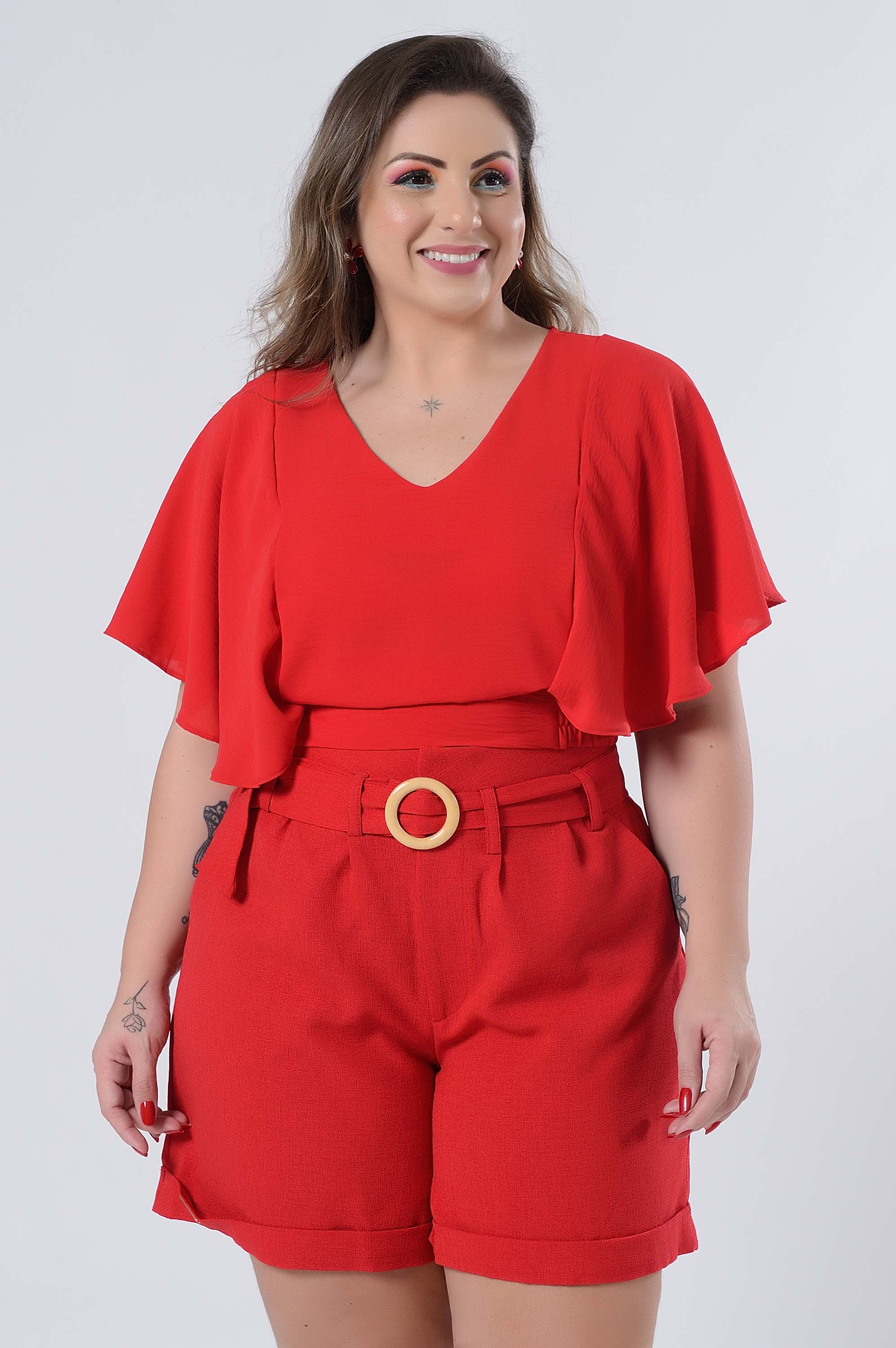 Cropped Manga Curta Decote Em V Vermelho Plus Size Vermelho Renner