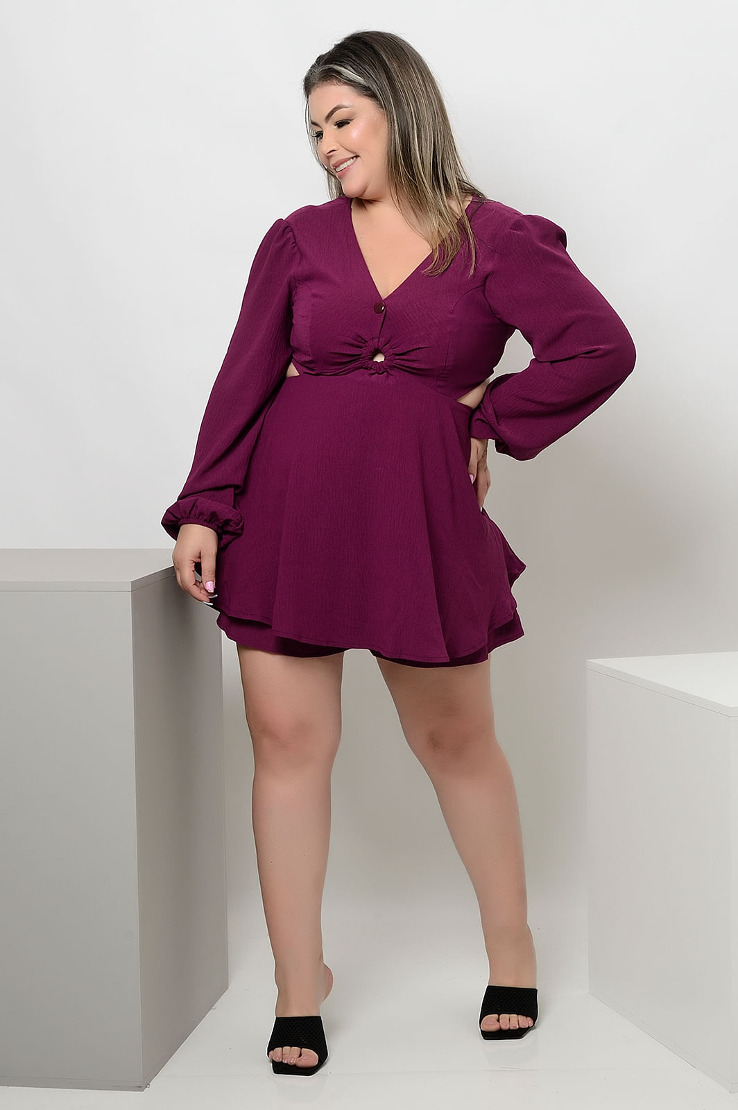 Marguerite Macaquinho Xadrez Roxo Faixa Grátis Plus Size 