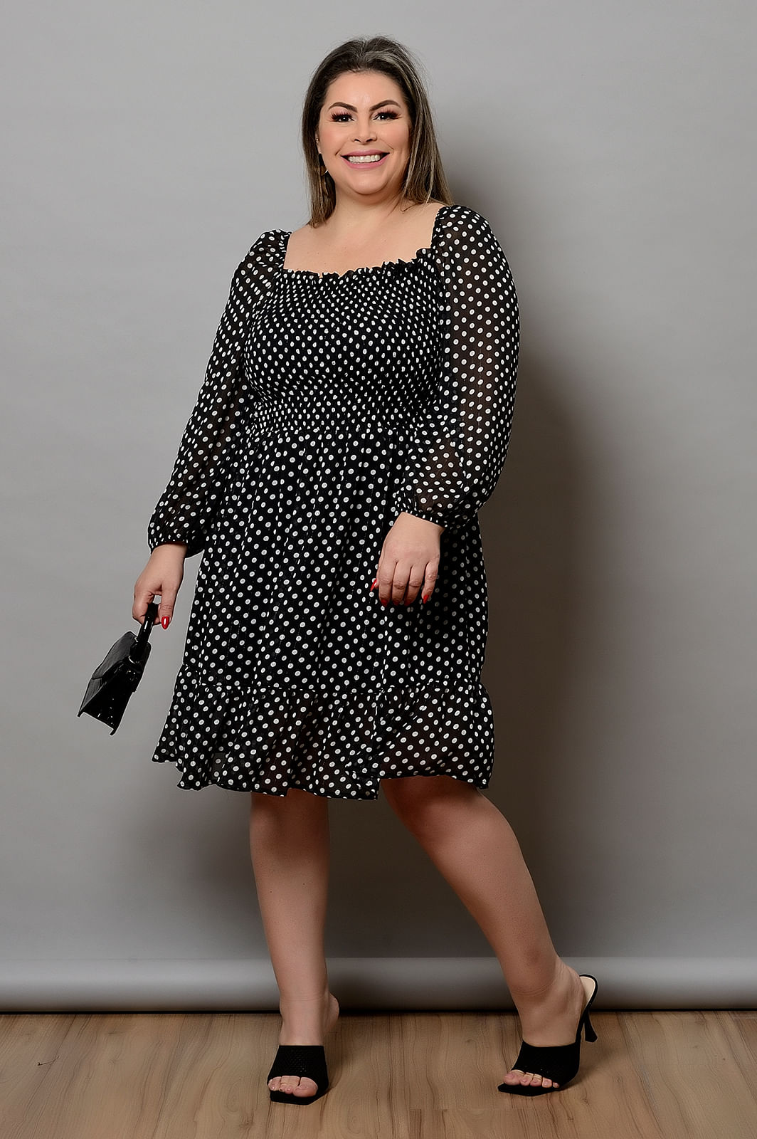 Vestido De PoÁ Manga 3 4 Detalhe Em Lastex Frontal Plus Size 50