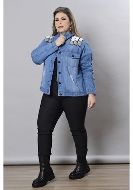 Jaqueta Jeans Bordada com Pedraria Plus Size