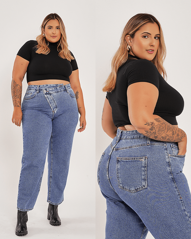 Calça Mom Jeans em Algodão Transpassada Plus Size - daluzplussize